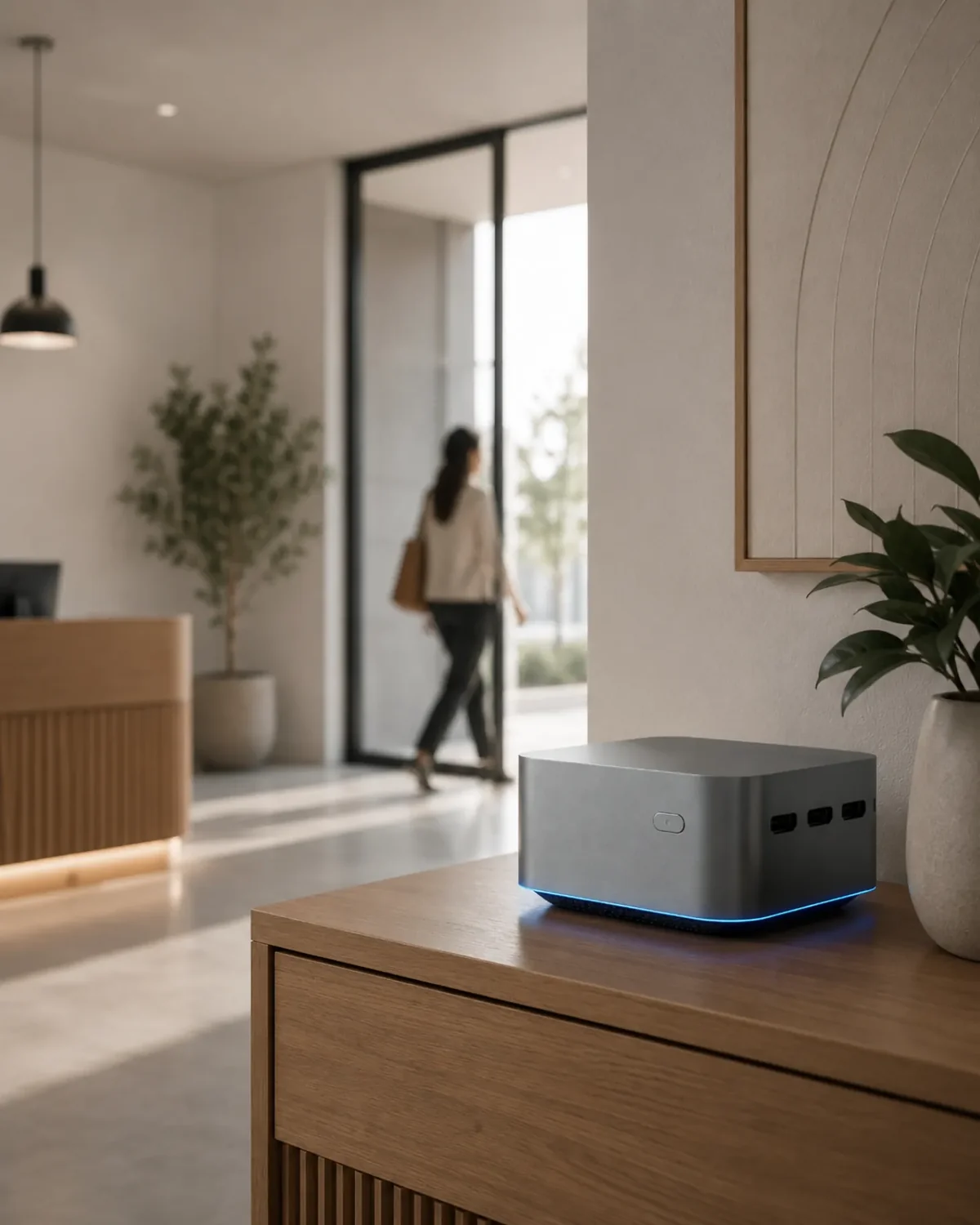 A NovaLink Machine glowing on a wooden console in a bright, minimalist entryway