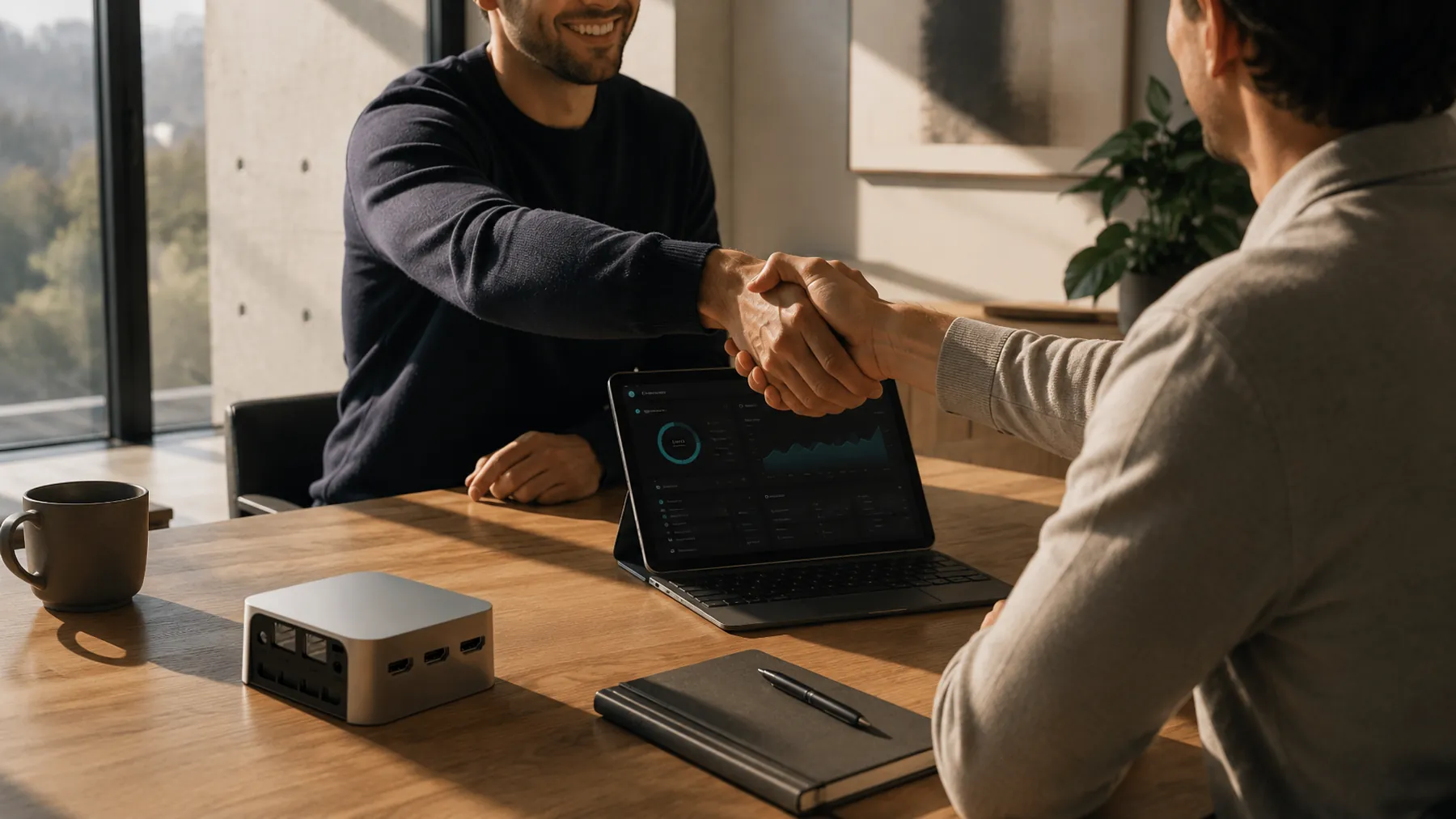 Partners shaking hands over a desk with a NovaLink Machine and Control Tower dashboard