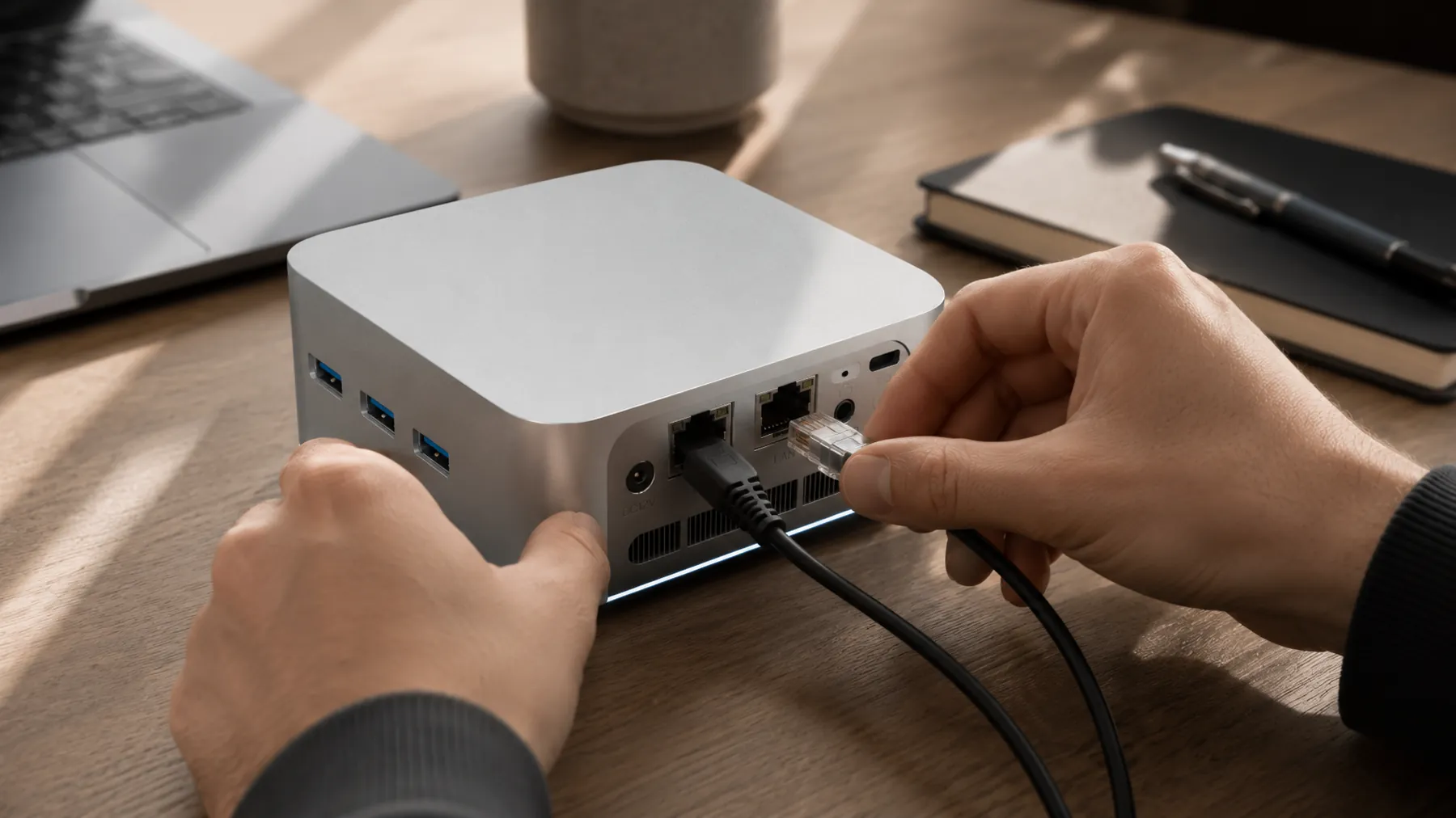A Machine plugged into a home workspace — the footprint that powers the network