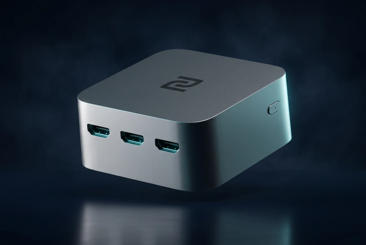 Matte-black NovaLink hub device with glowing cyan edges on a dark navy surface