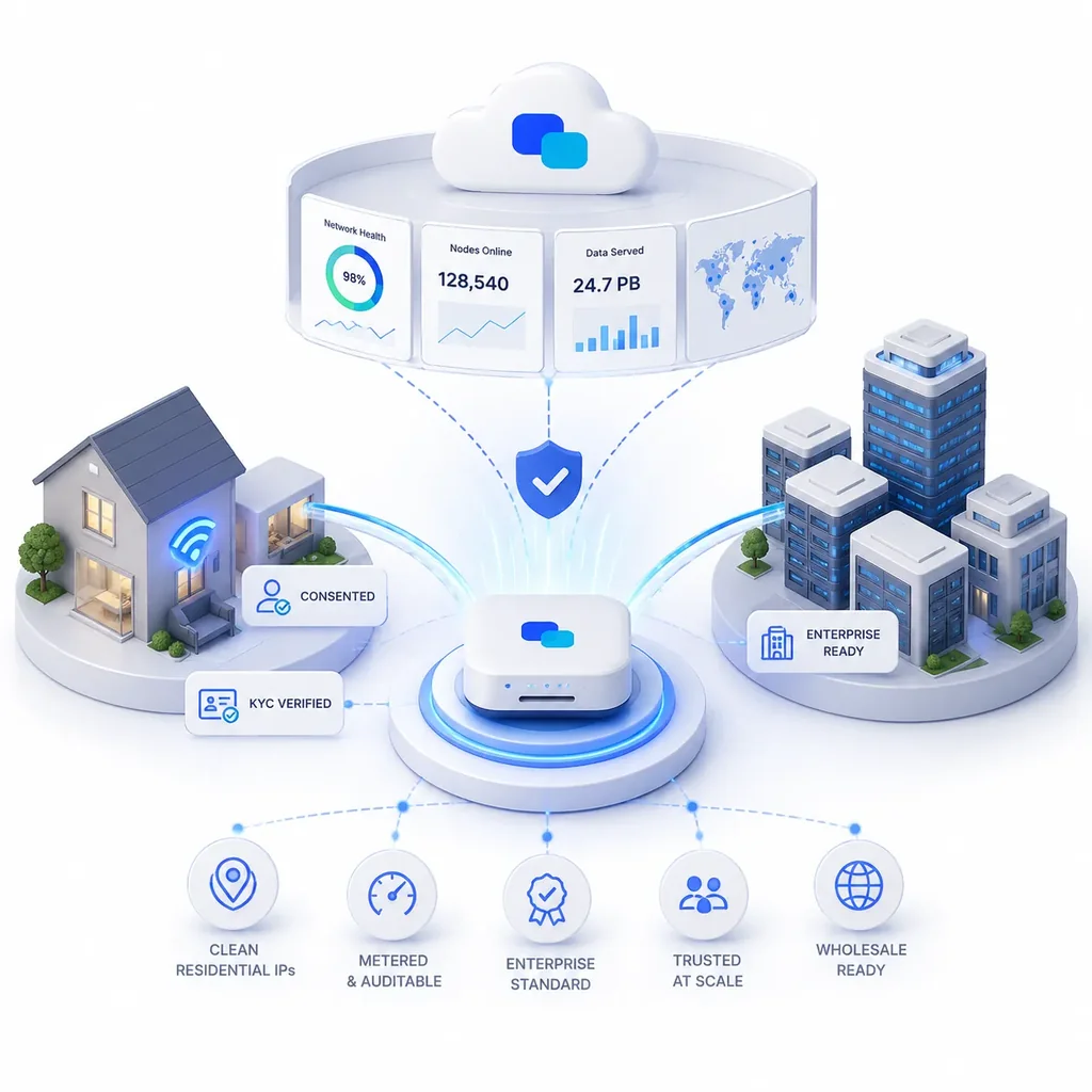 Isometric diagram showing NovaLink connecting consented homes and enterprise buyers through a central Machine and Control Tower