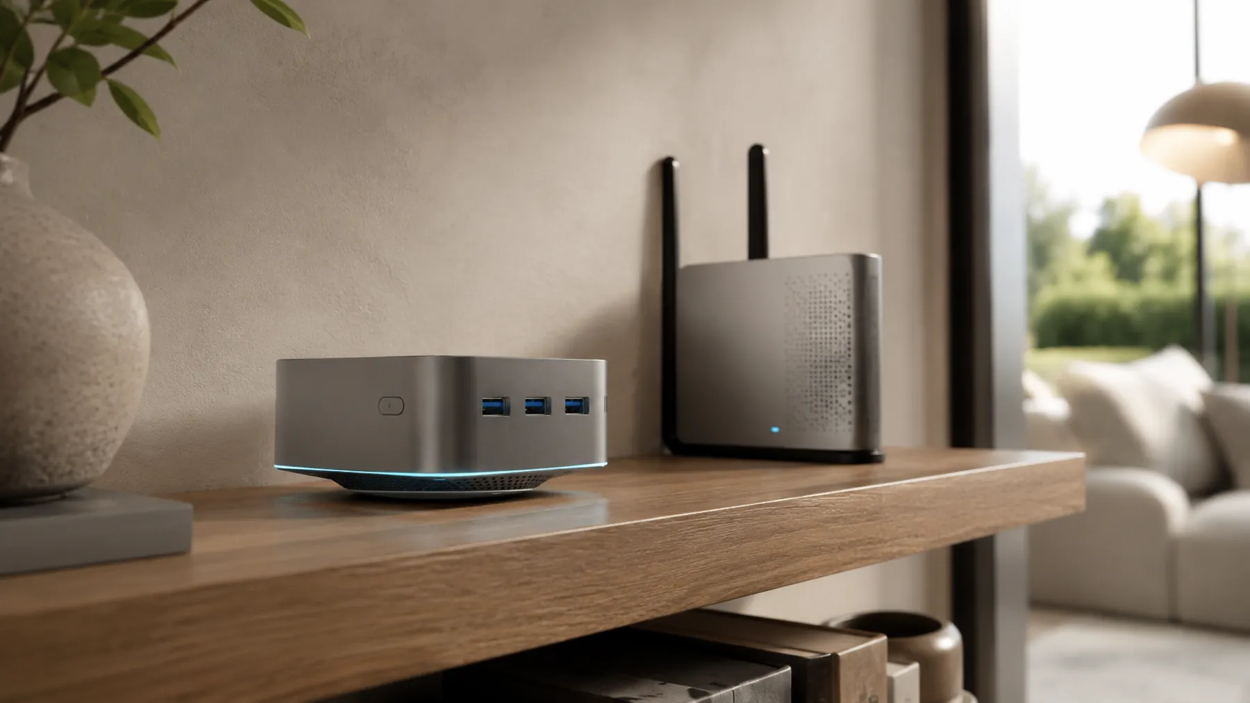 Nx1 and Hx1 on a wooden shelf in a modern living room