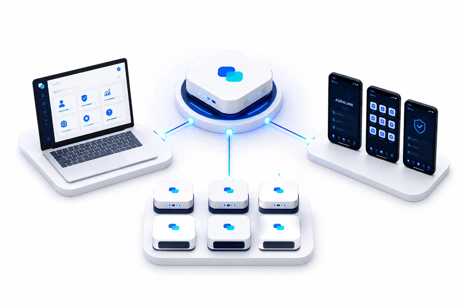 NovaLink hub connecting a laptop control tower, a fleet of Machines, and Auralink mobile apps