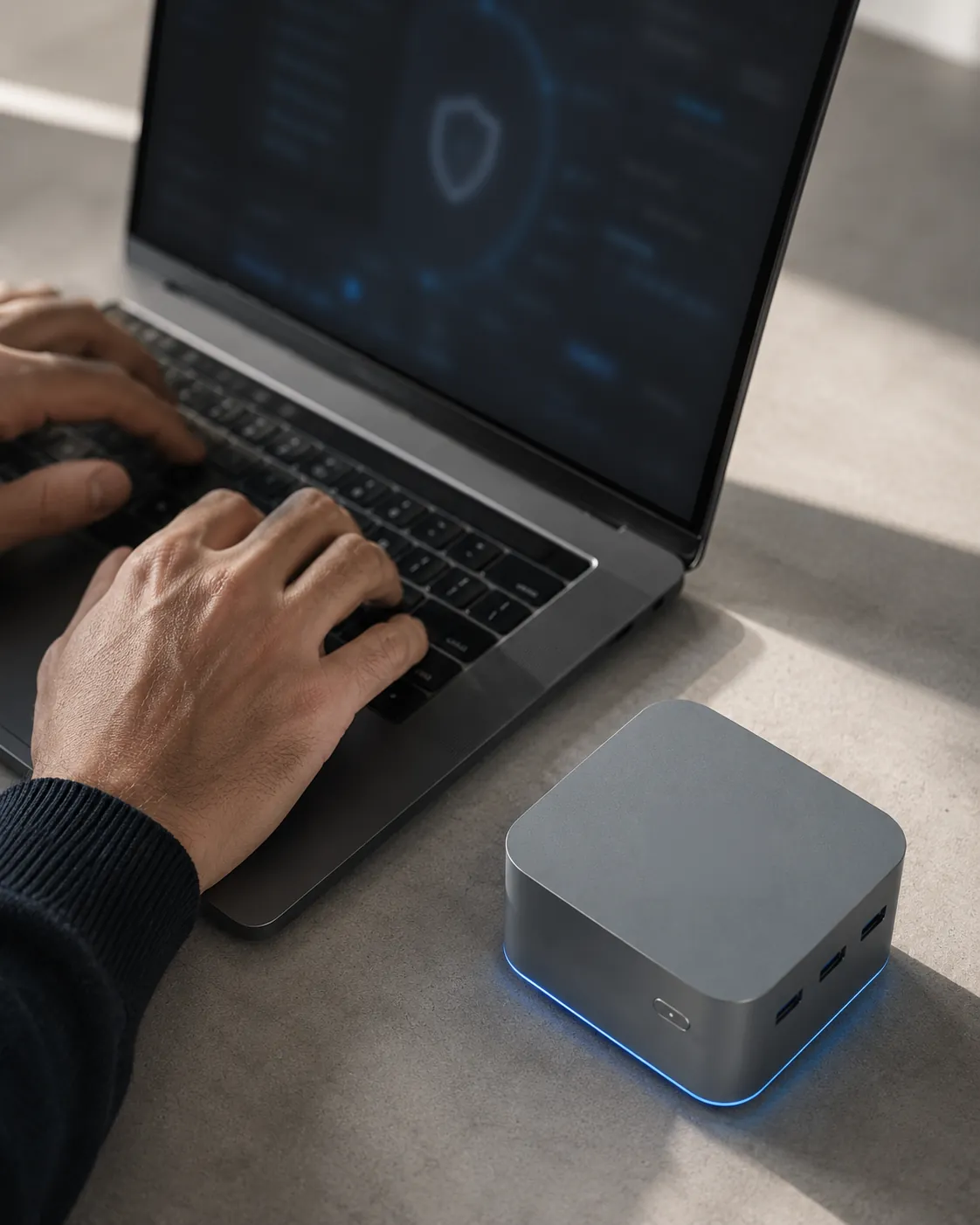 A developer working at a laptop next to a NovaLink Machine — isolated workloads running quietly on the desk