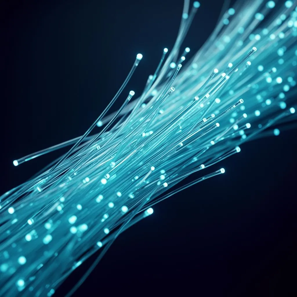 Bundle of glowing cyan fiber optic strands flowing across a dark navy background